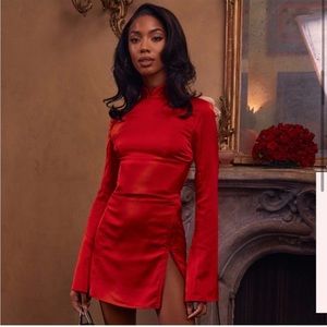 House of CB Alyssa Scarlet Satin Long Sleeve Cut Out Back Mini Dress Size XS